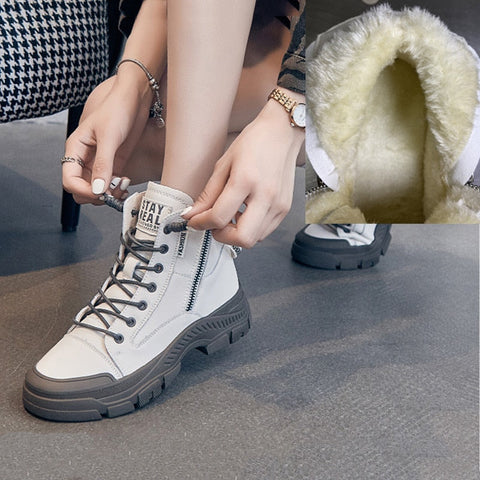 Mtvrmall - Leather Boots for Women Sports Ankle Boots Female Luxury Designer Shoes Woman Flats Platform Heels Rubber Sole