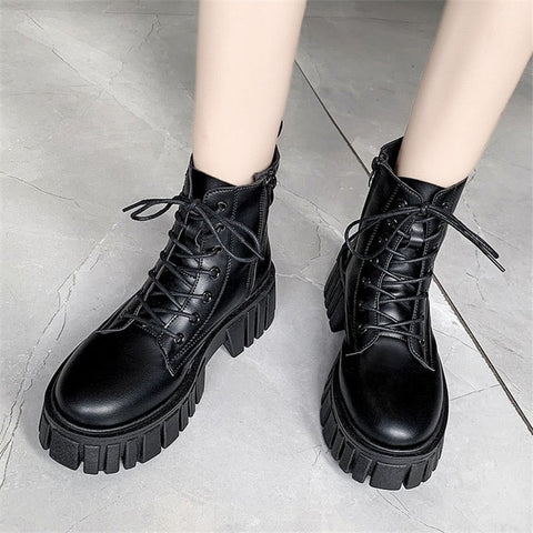 Mtvrmall - New Women White Ankle Boots PU Leather Thick Sole Lace Up Combat Booties Female Autumn Winter Platform Shoes Woman