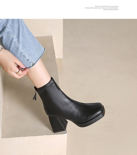 Mtvrmall - New Autumn Winter Leather Short Boots Women Square High Heel Women Shoes Zipper All Match Ankle Boot Female Platform Shoes