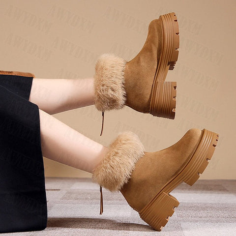 Mtvrmall - Winter Chunky Ankle Women Snow Boots New Fashion Goth Platform Fur High Heels Shoes Pumps Plush Warm Chelsea Women Boots