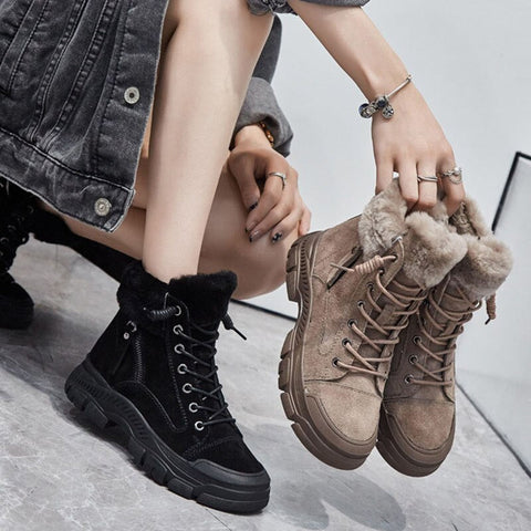 Mtvrmall - Winter Shoes Women Snow Boots Thick Sole Warm Plush Cold Winter Shoes Genuine Leather Suede Women Ankle Boots A4112