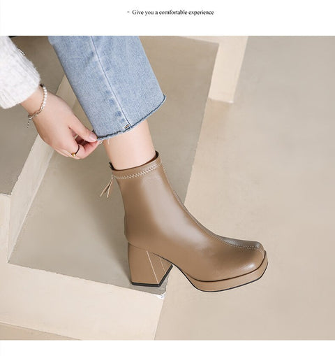 Mtvrmall - New Autumn Winter Leather Short Boots Women Square High Heel Women Shoes Zipper All Match Ankle Boot Female Platform Shoes