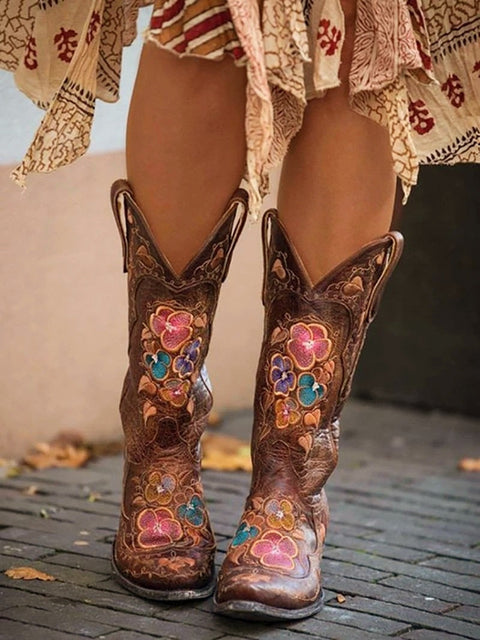 Mtvrmall - Women's Fashion Cowboy Boots For Women Boot Embroidery Boots Women Winter Boots Thick Heel Leather Boots Long Boots