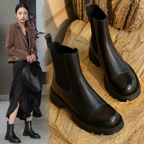 Mtvrmall - HOT Sales Fall/Winter Shoes Women Leather Ankle Boots Women Round Toe Thick Heel Shoes Solid Chelsea Boots Casual Women Boots