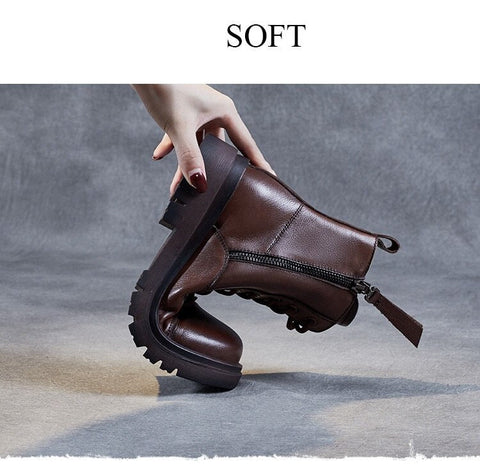 Mtvrmall -  Autumn Winter Warm Ankle Boots For Women Luxury Genuine Cow Leather Square Heel Platform Casual Short Boots Retro