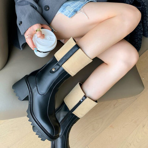 Mtvrmall - Women Mid-Calf Chunky Chelsea Boots Winter High Heels Casual Shoes Fashion New Trend Women Gladiator Goth Motorcycle Boots