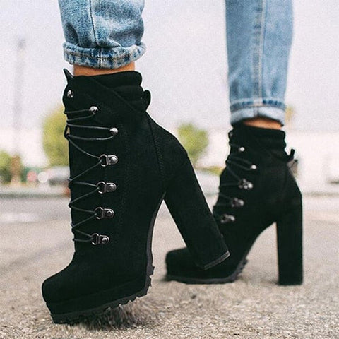 Mtvrmall - Women Platform Rivet Ankle Boots Female Retro High Heels Autumn Fashion Sexy Lace-Up Pumps Ladies Shoes Plus Size 43