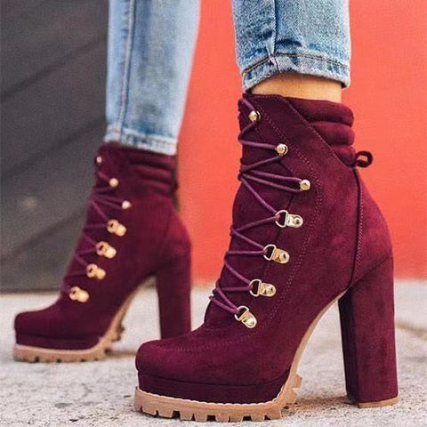 Mtvrmall - Women Platform Rivet Ankle Boots Female Retro High Heels Autumn Fashion Sexy Lace-Up Pumps Ladies Shoes Plus Size 43