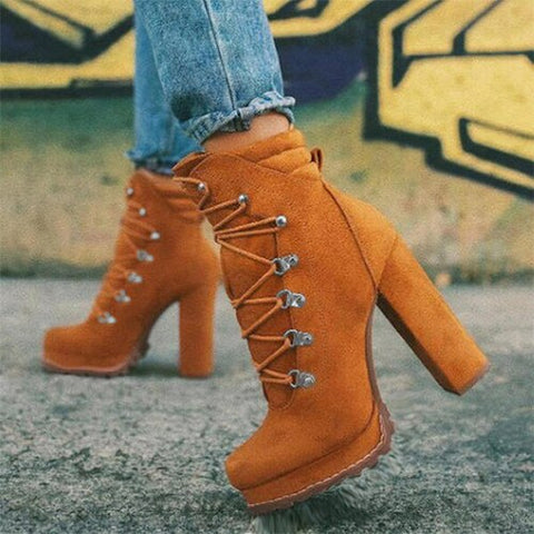 Mtvrmall - Women Platform Rivet Ankle Boots Female Retro High Heels Autumn Fashion Sexy Lace-Up Pumps Ladies Shoes Plus Size 43