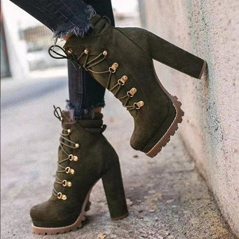 Mtvrmall - Women Platform Rivet Ankle Boots Female Retro High Heels Autumn Fashion Sexy Lace-Up Pumps Ladies Shoes Plus Size 43