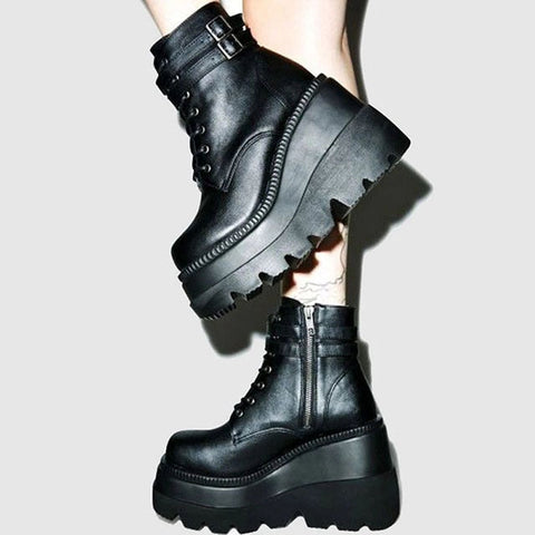 Mtvrmall -  Women Punk Gothic Motorcycle Boots Platform Chunky High Heels Ankle Boot Winter Ladies Cool Wedges Woman Black Female Shoes